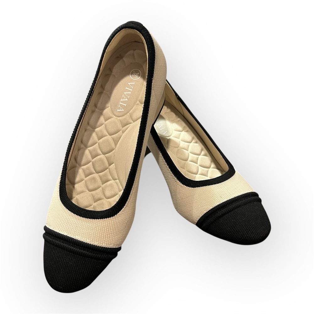 VIVAIA Julie 2.0 Almond Toe Chunky Heel Beige Black Knit Comfort EU 36 US 5.5-6